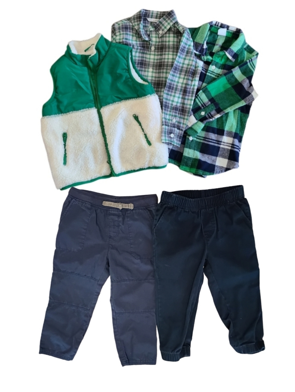 5 Piece Lot- 1 Sherpa Vest, 2 Green Plaid Shirts, 2 Pairs Of Navy Pants
